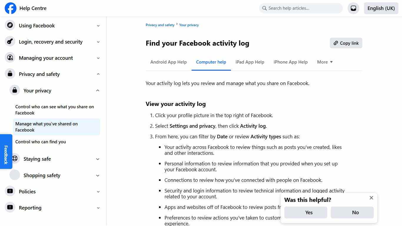 Find your Facebook activity log Facebook Help Centre